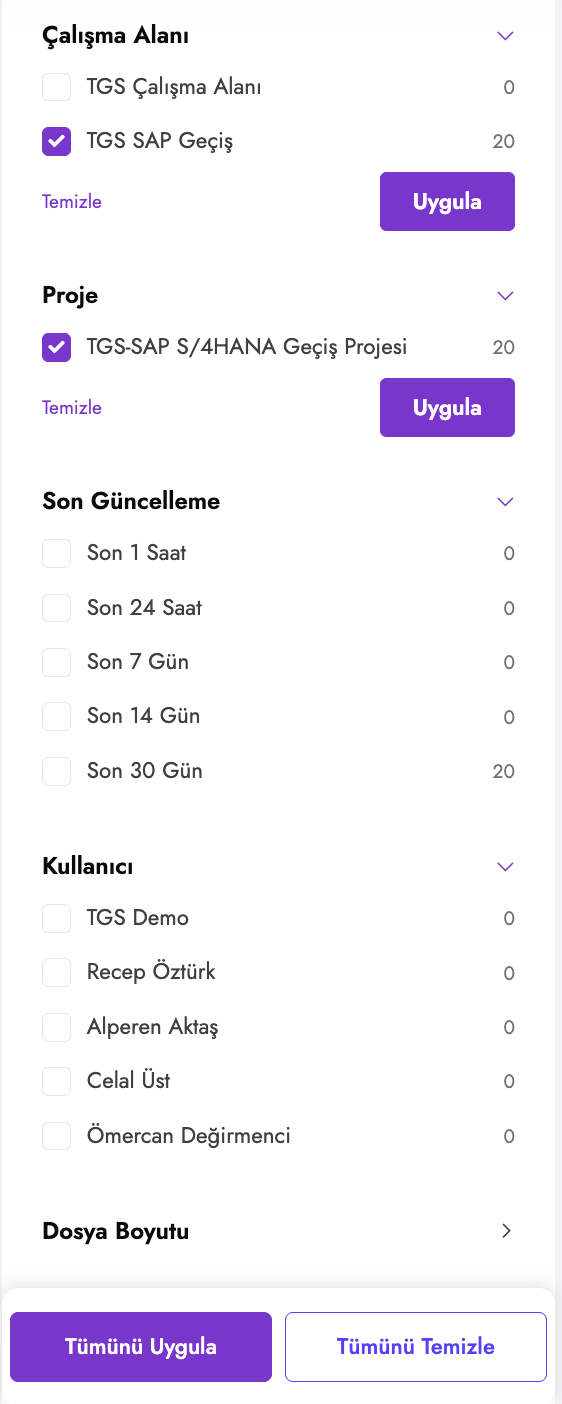 Filtre paneli genel görünüm
